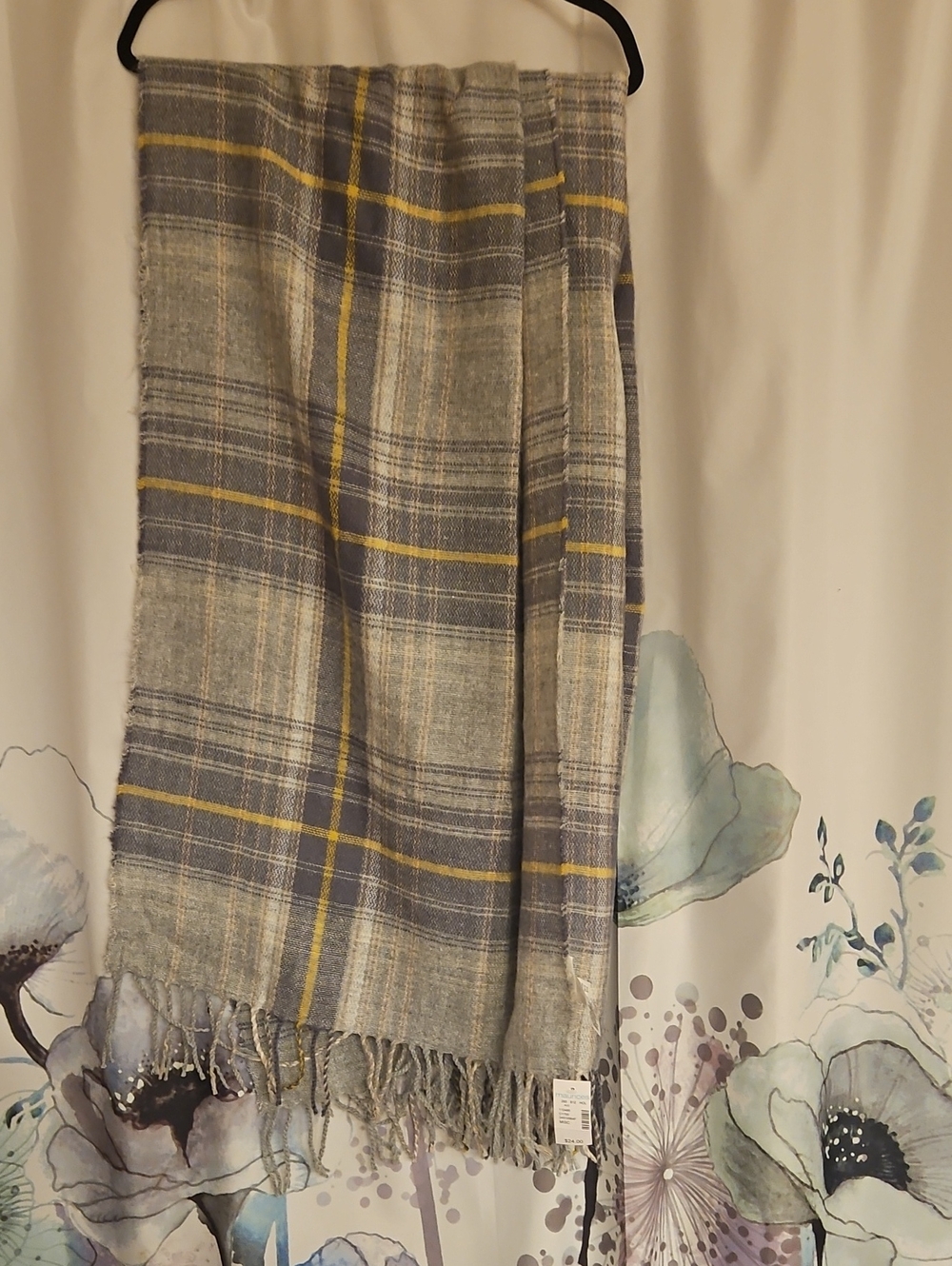 Maurices Gray and Yellow Plaid Fringe Throw